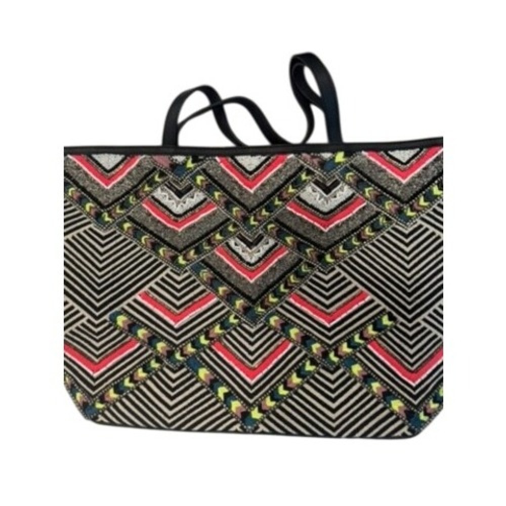 Rebecca Minkoff Geometric Beaded Tote Bag Black White Red Embroidered Top Handle